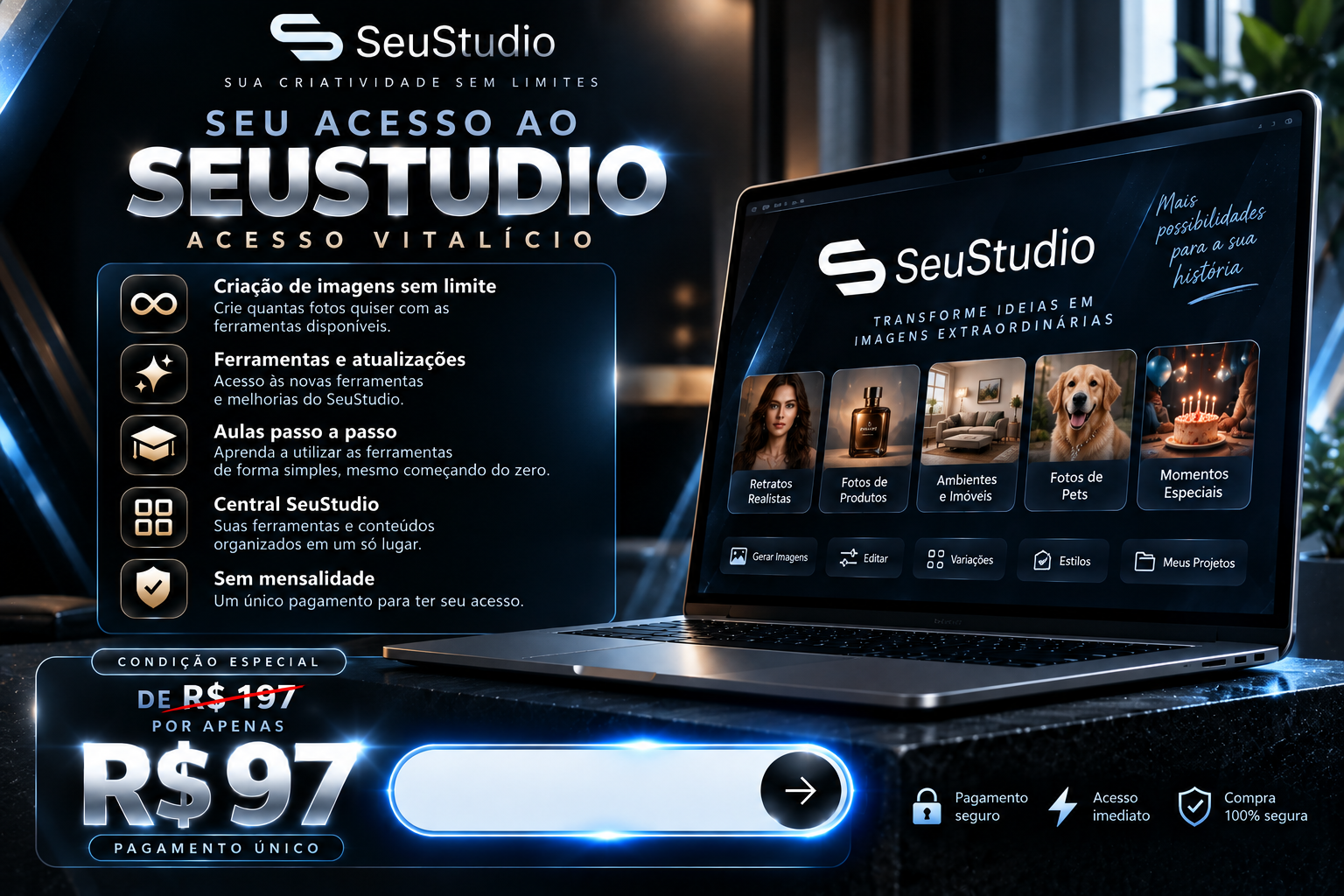 Oferta SeuStudio: acesso vitalício por R$97, pagamento único